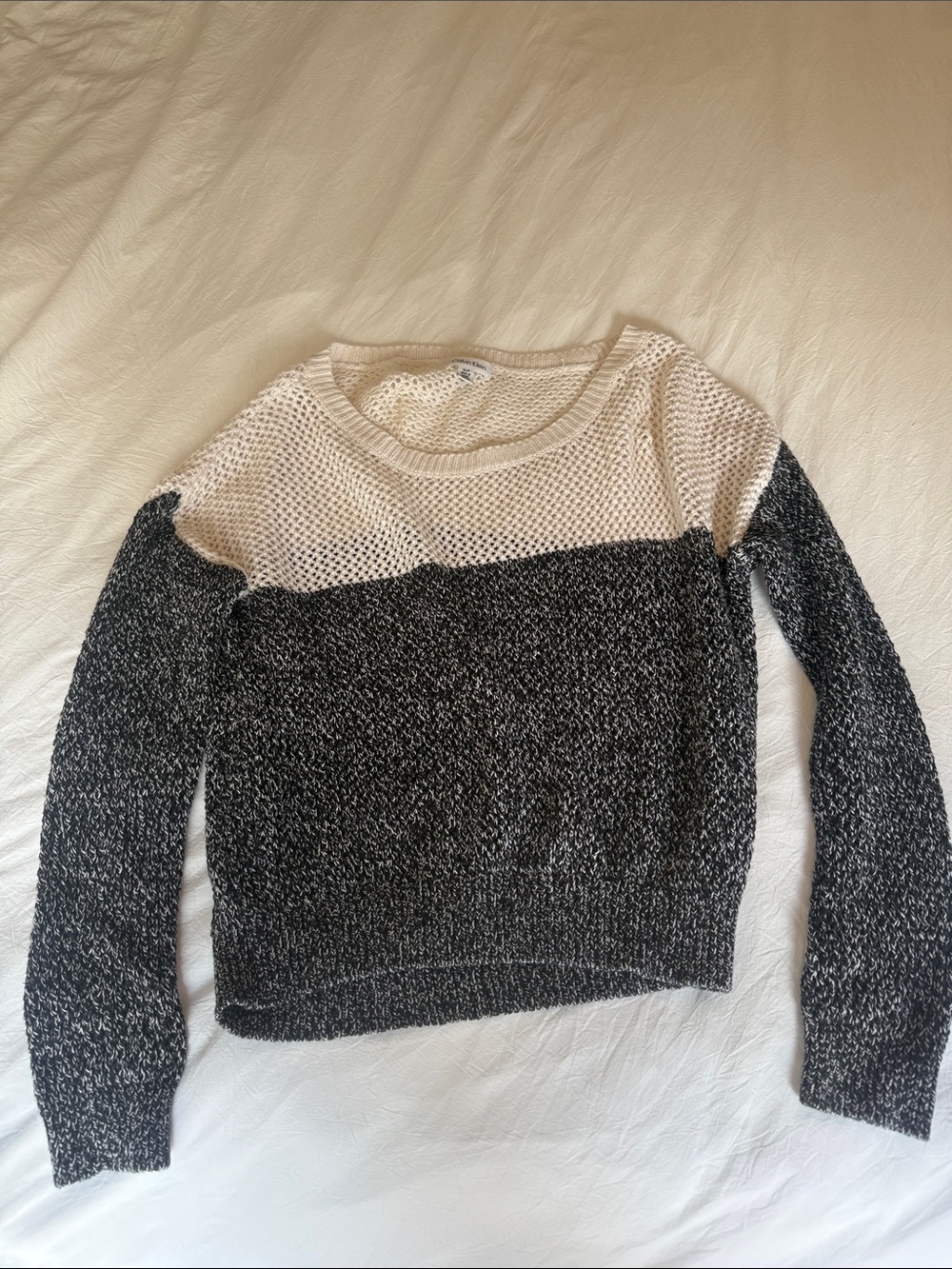 Calvin Klein Black and Cream Open-Knit Crew Sweater